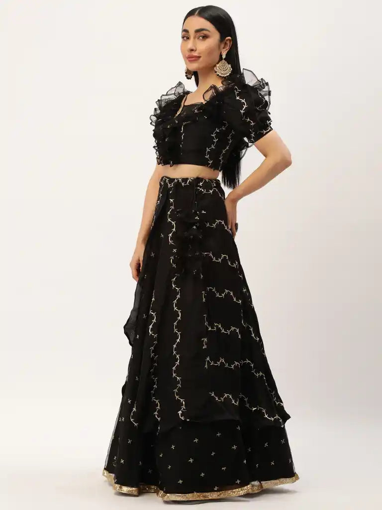 Bollywood Vogue Ready To Wear Black Viscose Embroidered Lehenga Set