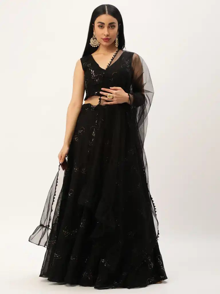 Bollywood Vogue Ready To Wear Black Embroidered Organza Lehenga Set