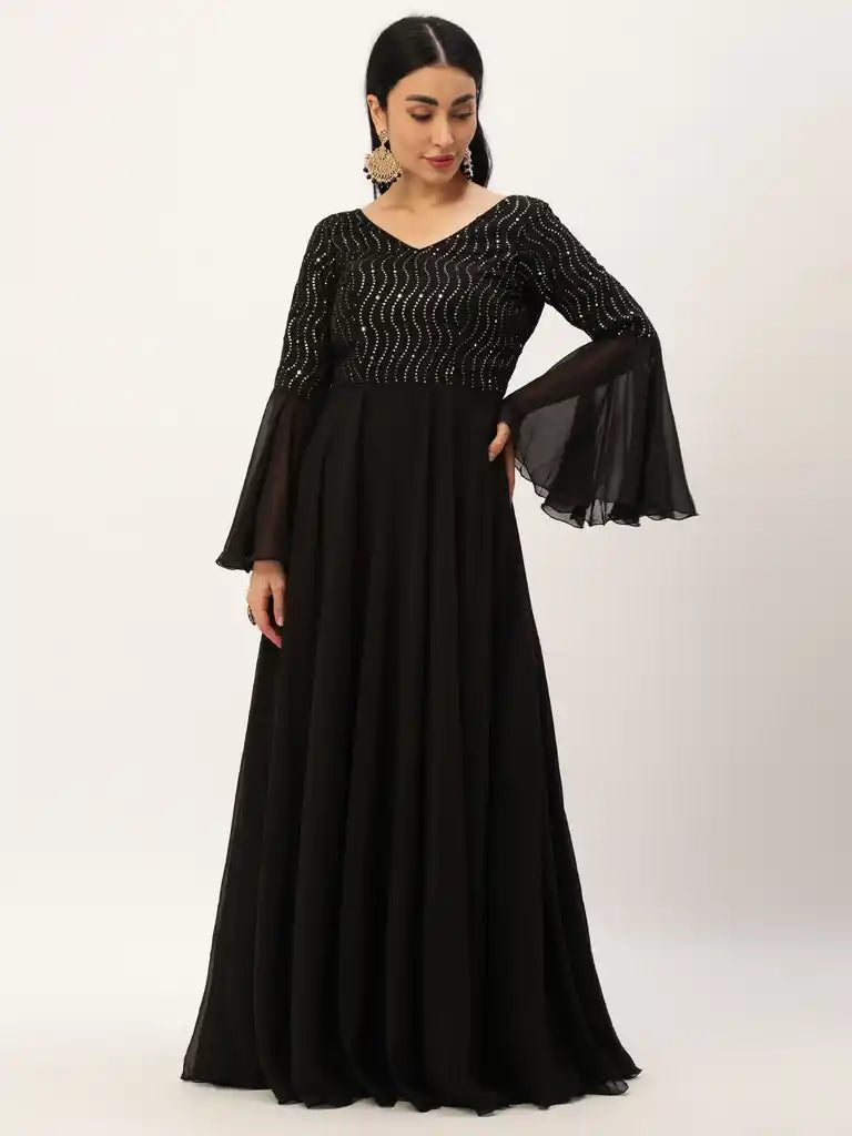 Bollywood Vogue Ready To Wear Black Bell Sleeves Embroidered Gown