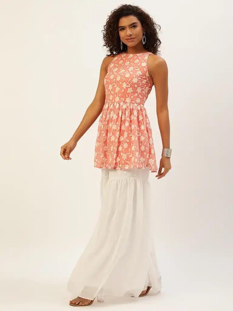 Bollywood Vogue Ready To Wear Peach Embroidered Georgette Gharara Suit