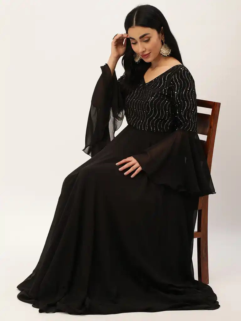 Bollywood Vogue Ready To Wear Black Bell Sleeves Embroidered Gown