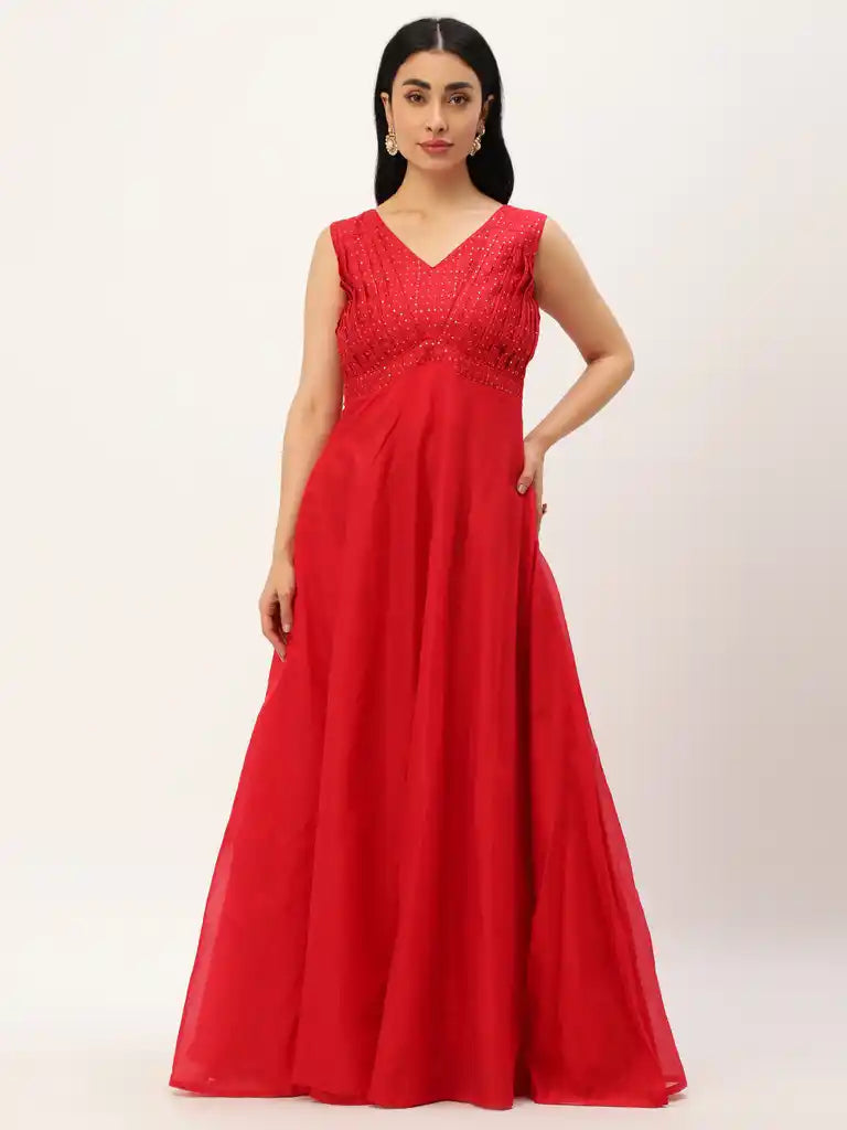 Bollywood Vogue Ready To Wear Red Cotton Sequins Embroidery Maxi Dress