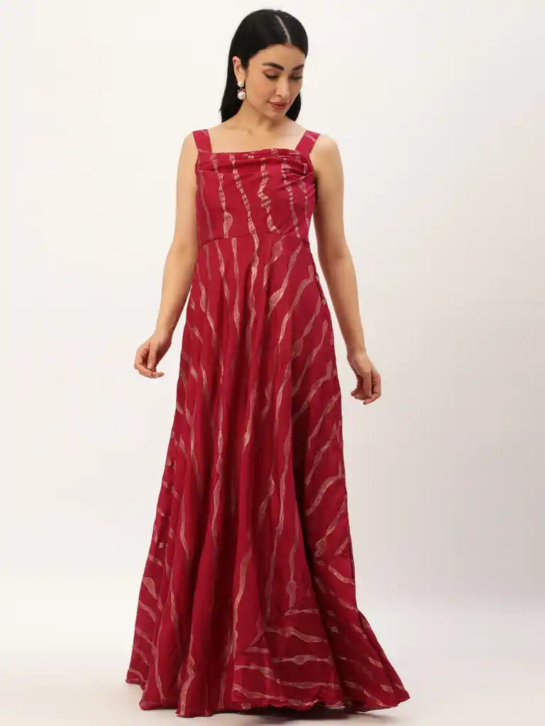 Bollywood Vogue Ready To Wear Wine Chinon Foil Printed Dress