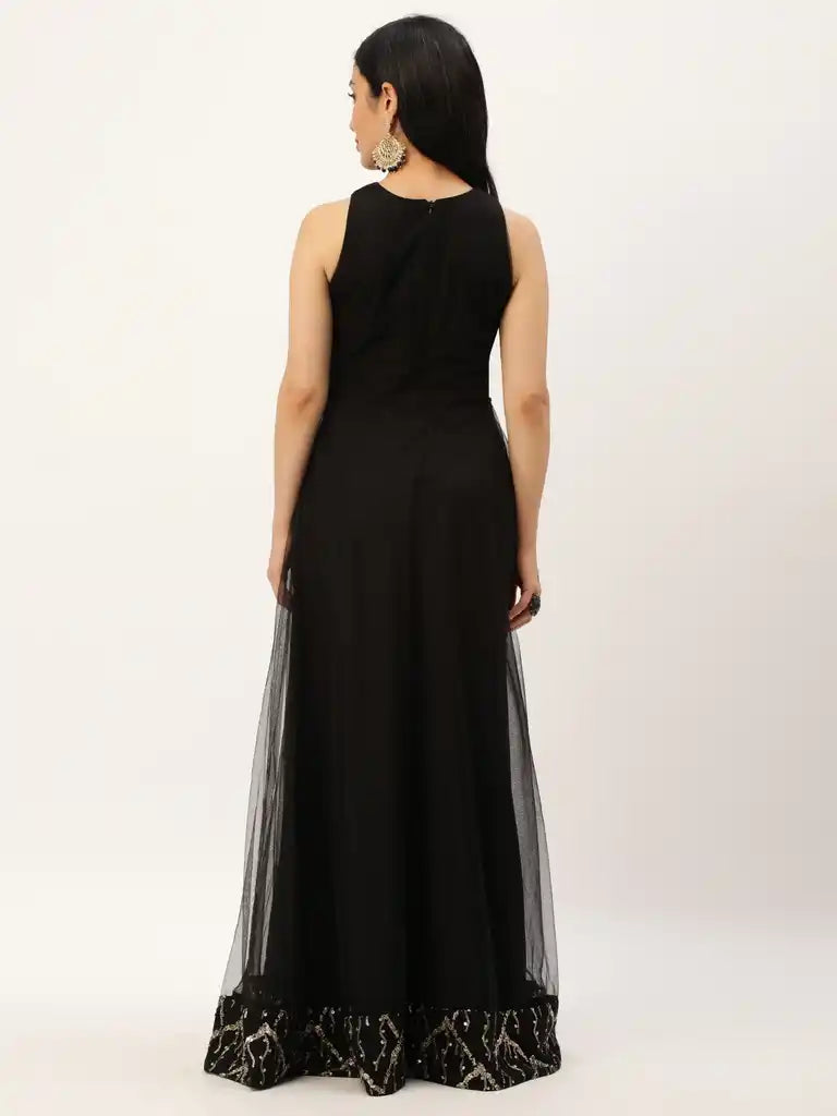 Bollywood Vogue Ready To Wear Black Net Embroidery Halter Neck Gown