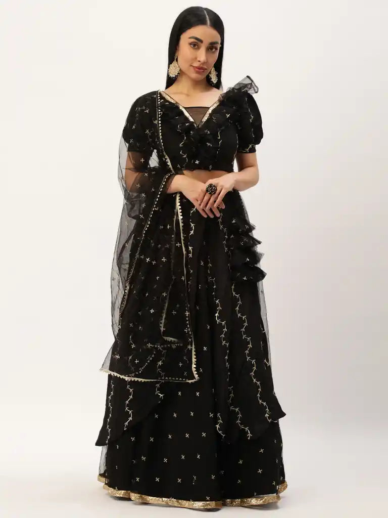 Bollywood Vogue Ready To Wear Black Viscose Embroidered Lehenga Set