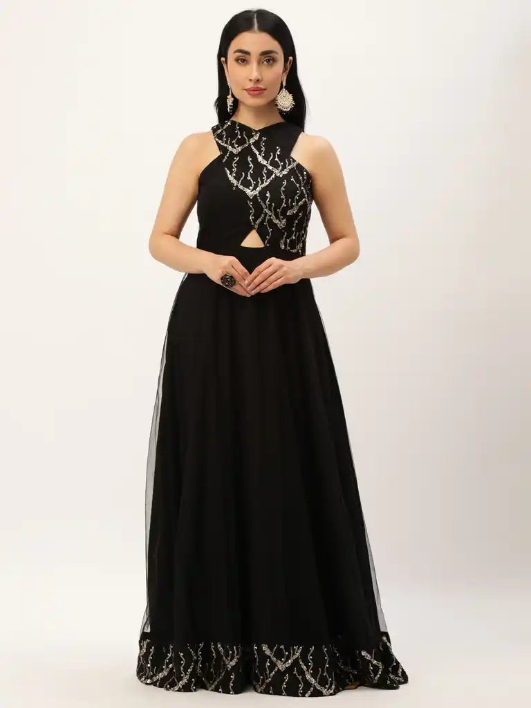 Bollywood Vogue Ready To Wear Black Net Embroidery Halter Neck Gown