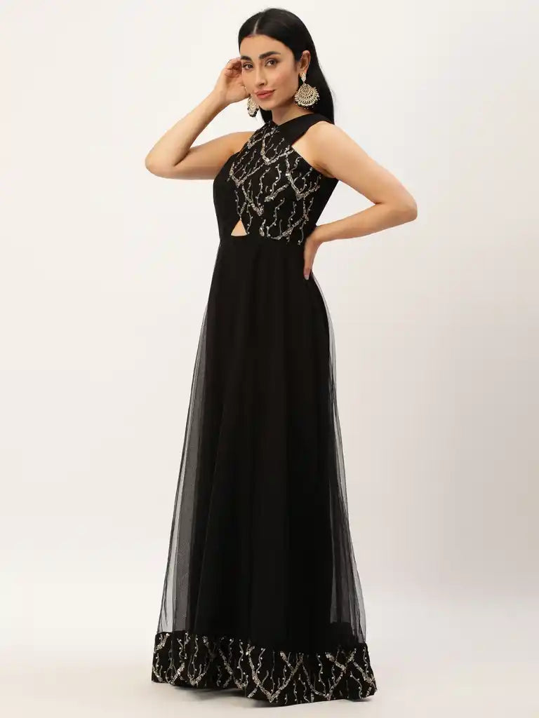 Bollywood Vogue Ready To Wear Black Net Embroidery Halter Neck Gown