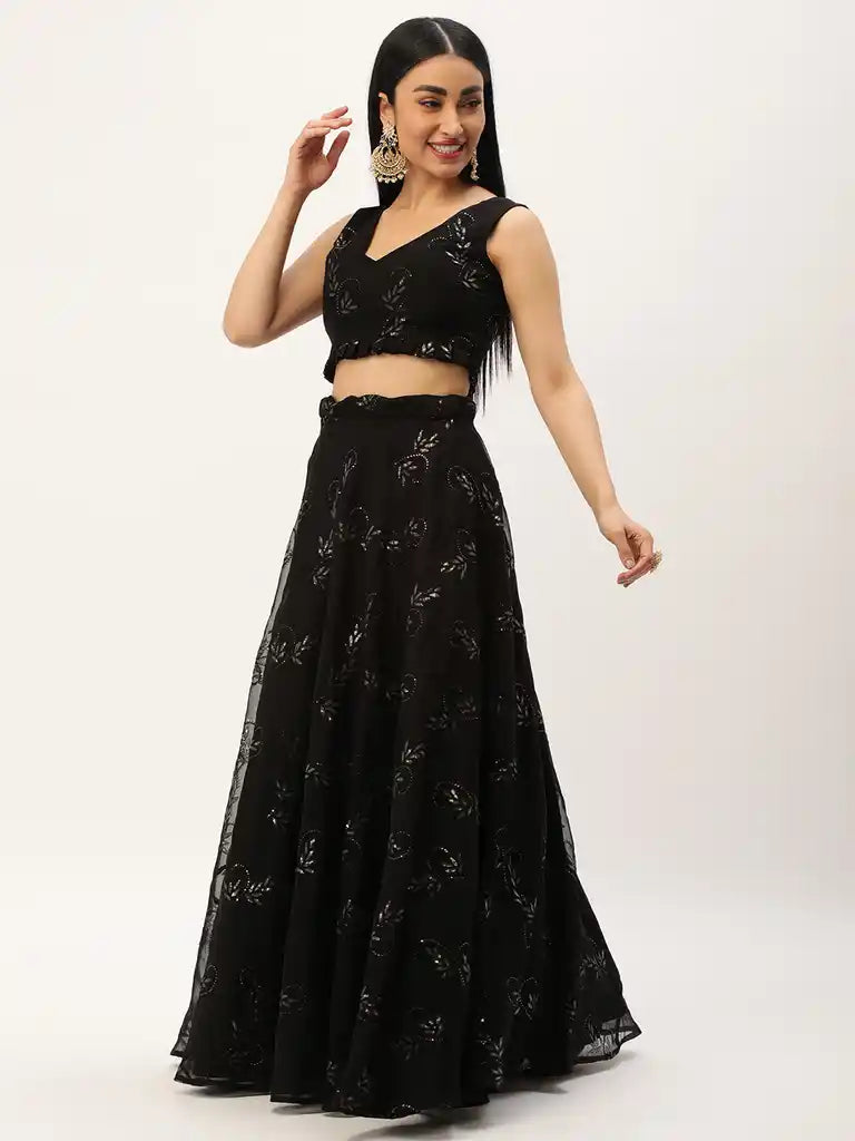 Bollywood Vogue Ready To Wear Black Embroidered Organza Lehenga Set