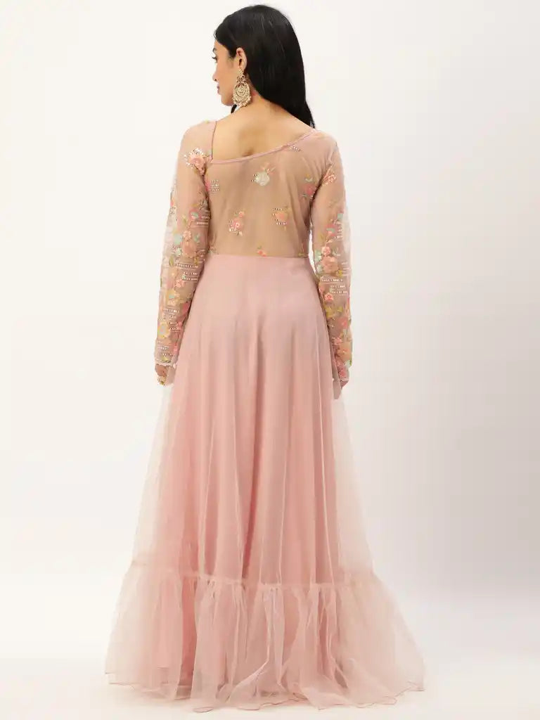 Bollywood Vogue Ready To Wear Light Pink Net Embroidered Gown