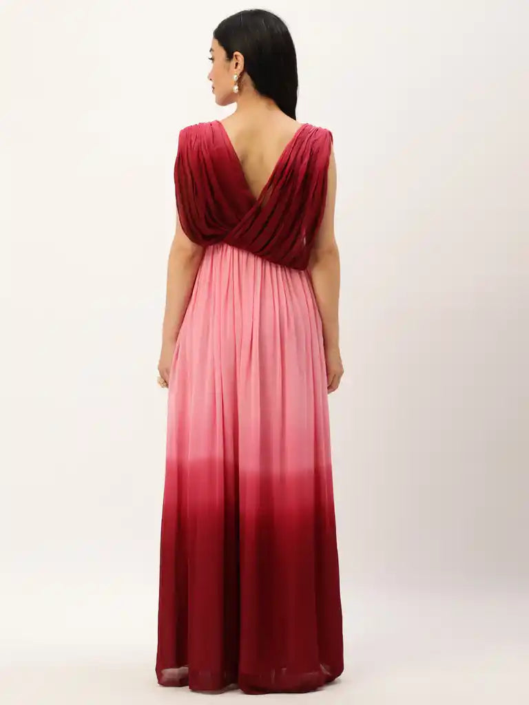 Bollywood Vogue Ready To Wear Maroon Georgette Tie N Dye Maxi Dress