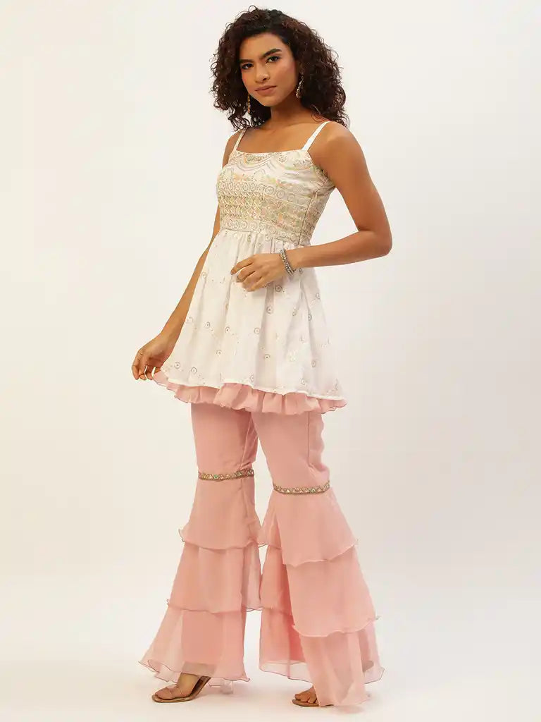 Bollywood Vogue Ready To Wear White N Pink Peplum Top Gharara Set