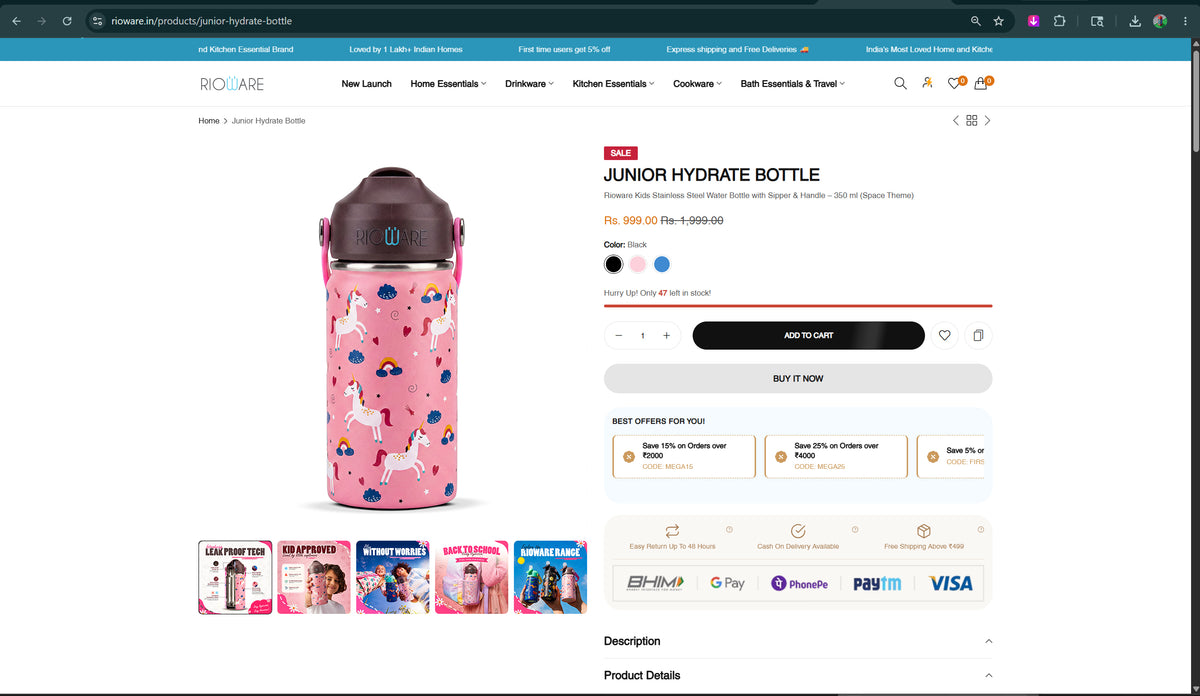 Rioware Kids Insulated Stainless Steel Water Bottle 350ml | Double Wall Vacuum | 24 Hrs Cold & 12 Hrs Hot | Leakproof Flip Top with Straw | BPA-Free | School Bottle with Carry Loop (350 Ml, Pink)