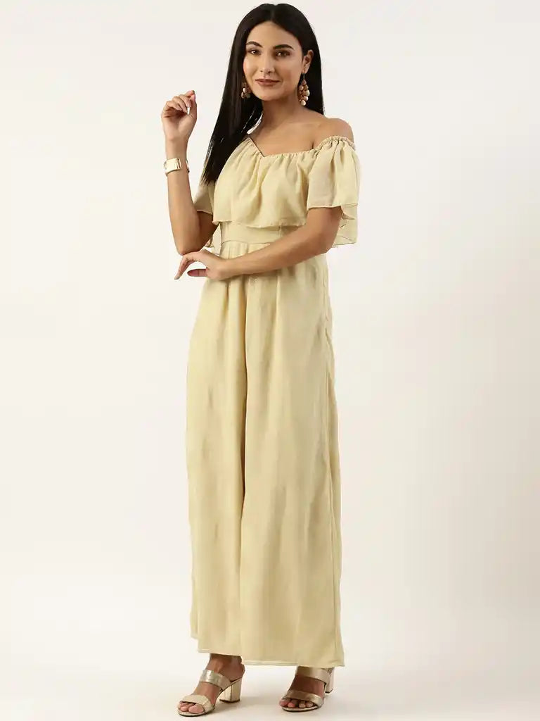 Bollywood Vogue Ready To Wear Beige Georgette Foil Printed Jumpsuit