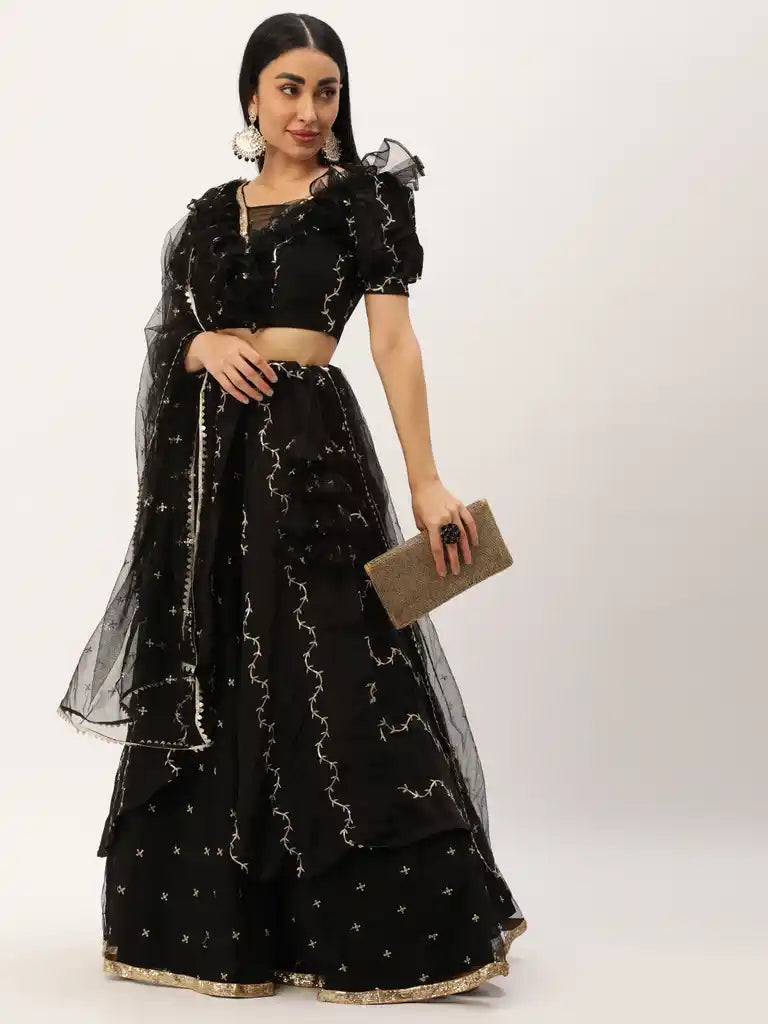 Bollywood Vogue Ready To Wear Black Viscose Embroidered Lehenga Set