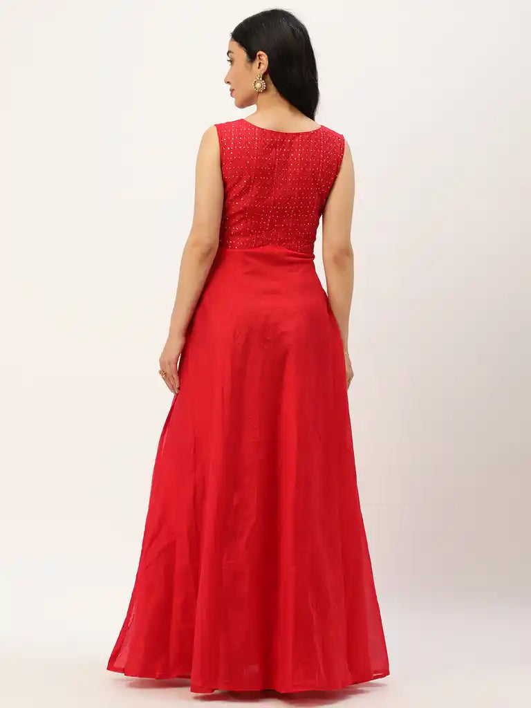 Bollywood Vogue Ready To Wear Red Cotton Sequins Embroidery Maxi Dress