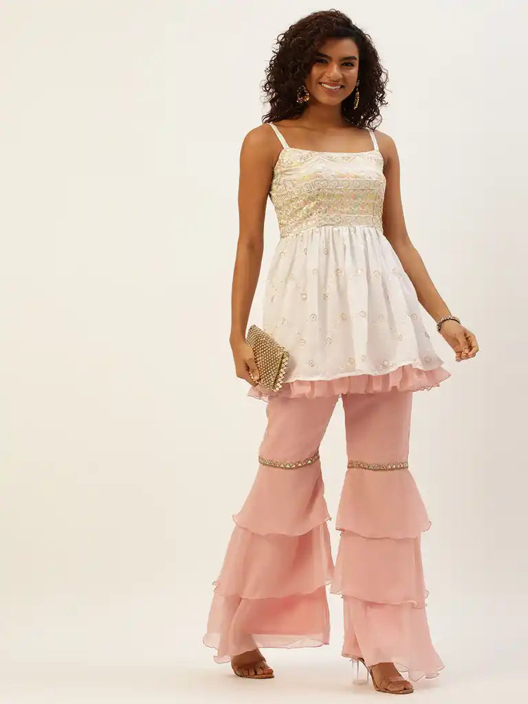 Bollywood Vogue Ready To Wear White N Pink Peplum Top Gharara Set