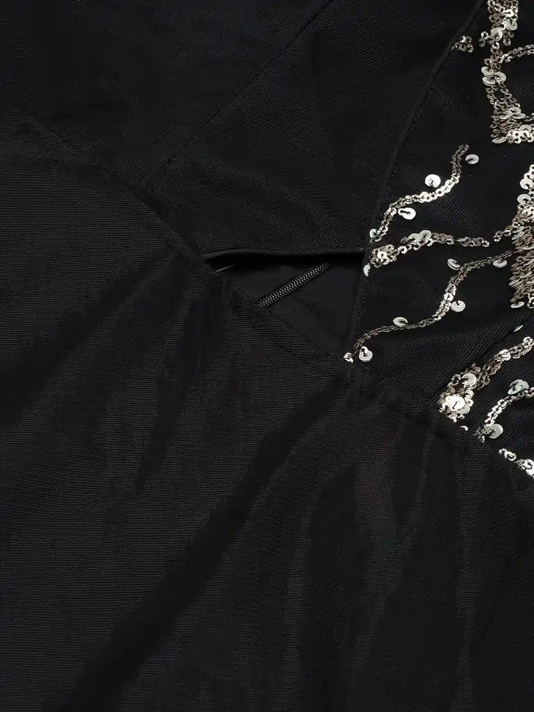 Bollywood Vogue Ready To Wear Black Net Embroidery Halter Neck Gown