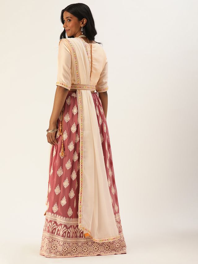 Bollywood Vogue Ready To Wear Off White N Brown Embroidered Lehenga Set