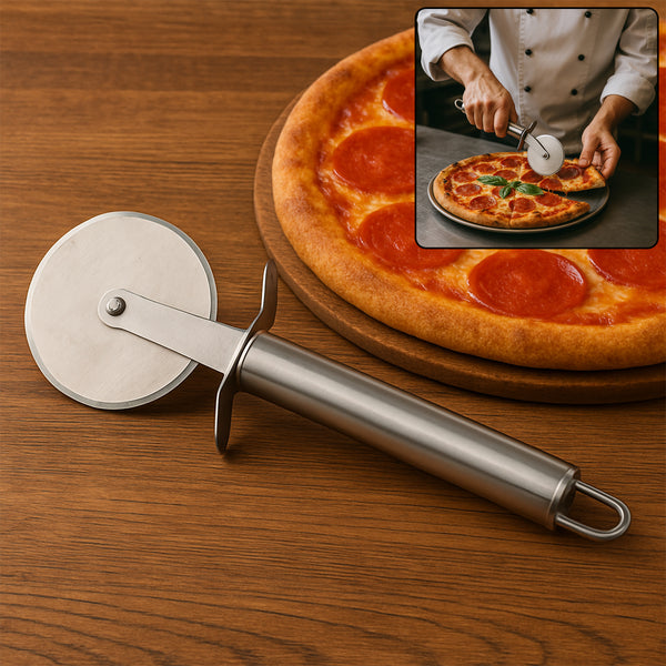 Premium Stainless Steel Pizza Cutter Wheel With Sharp Blade Comfortable Handle & Hanging Loop