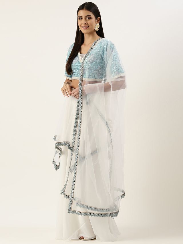Bollywood Vogue Ready To Wear Off White N Multicoloured Lehenga Set