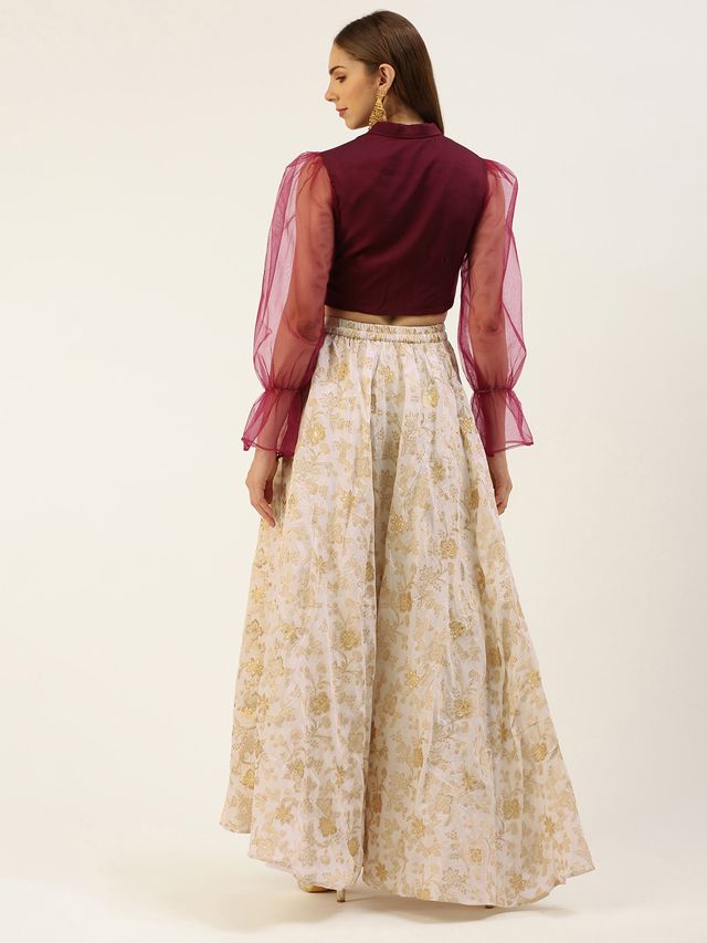 Bollywood Vogue Ready To Wear White Jacquard N Wine Art Silk Skirt Set