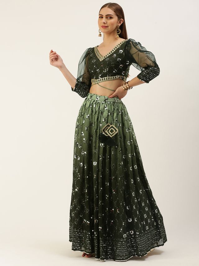 Bollywood Vogue Ready To Wear Green Embroidered Ombre Embellished Lehanga