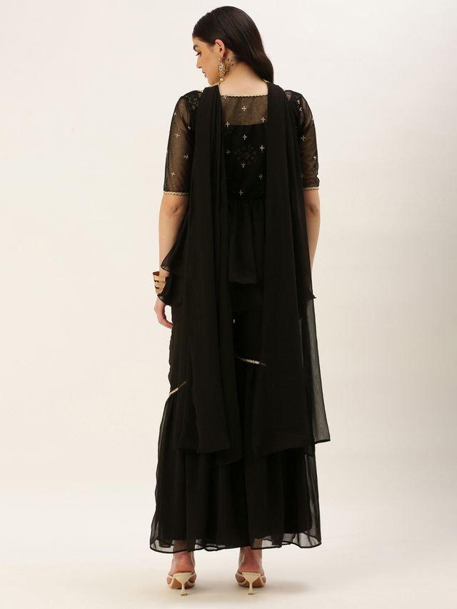 Bollywood Vogue Ready To Wear Black Chinon Embroidered N Sequins Gharara Set