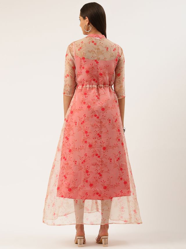 Bollywood Vogue Ready To Wear Beige Printed Organza Jacket Style Dress
