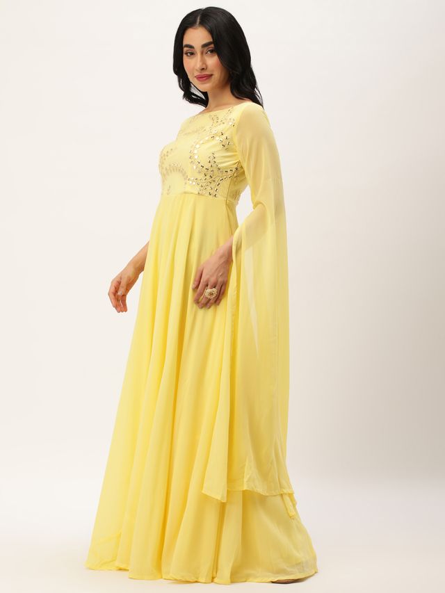 Bollywood Vogue Ready To Wear Yellow Net Embroidered Indowestern Set