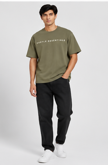 HUSTLE Men's Crew Neck Oversized T-Shirt – Muted Olive Green