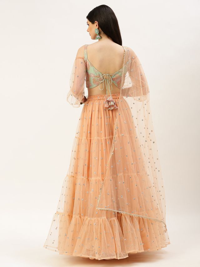 Bollywood Vogue Ready To Wear Multicoloured N Peach Net Embroidered Lehenga