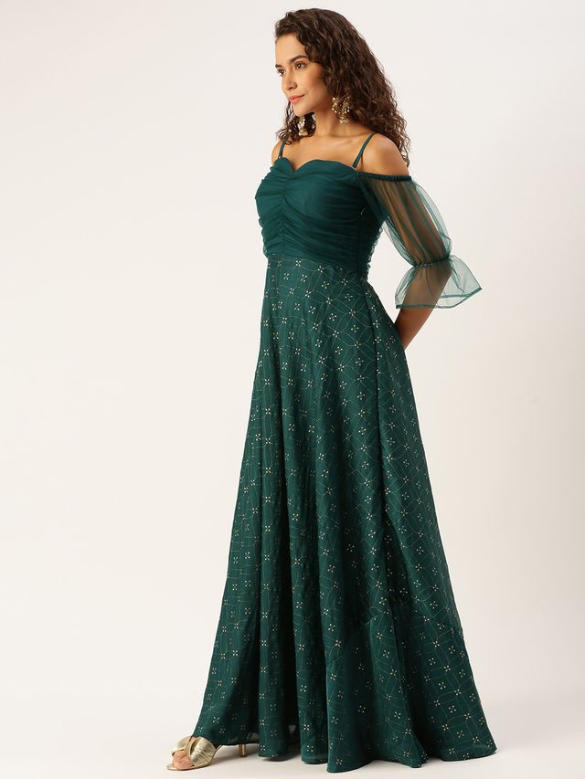 Bollywood Vogue Ready To Wear Teal Green Art Silk Foil Printed Maxi Dress