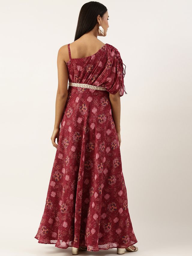 Bollywood Vogue Ready To Wear Wine Georgette One Shoulder Style Gown