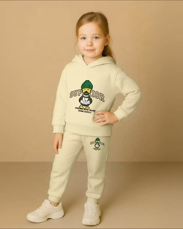Kids Hooded Sweatshirt & Jogger Set – Superior Duck Print Casual Wear (Cream) Luck Fashion
