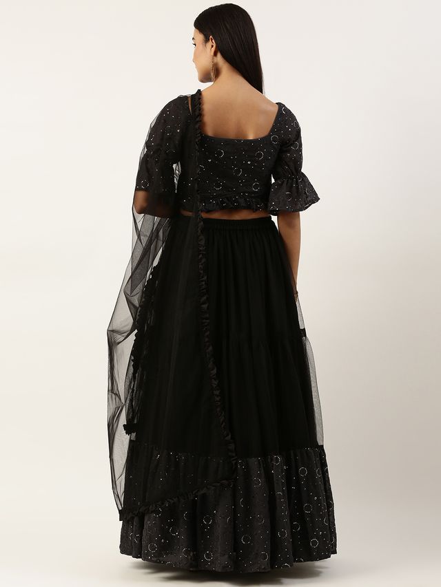 Bollywood Vogue Ready To Wear Dark Grey Georgette Sequins Embroidered N Black Net Lehenga