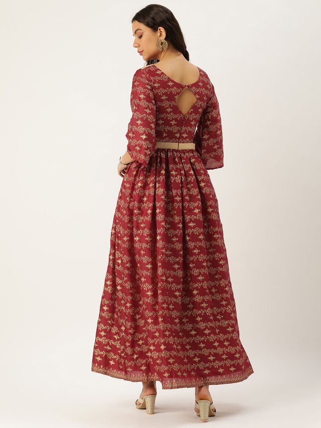 Bollywood Vogue Ready To Wear Maroon Art Silk Foil Printed Maxi Dress