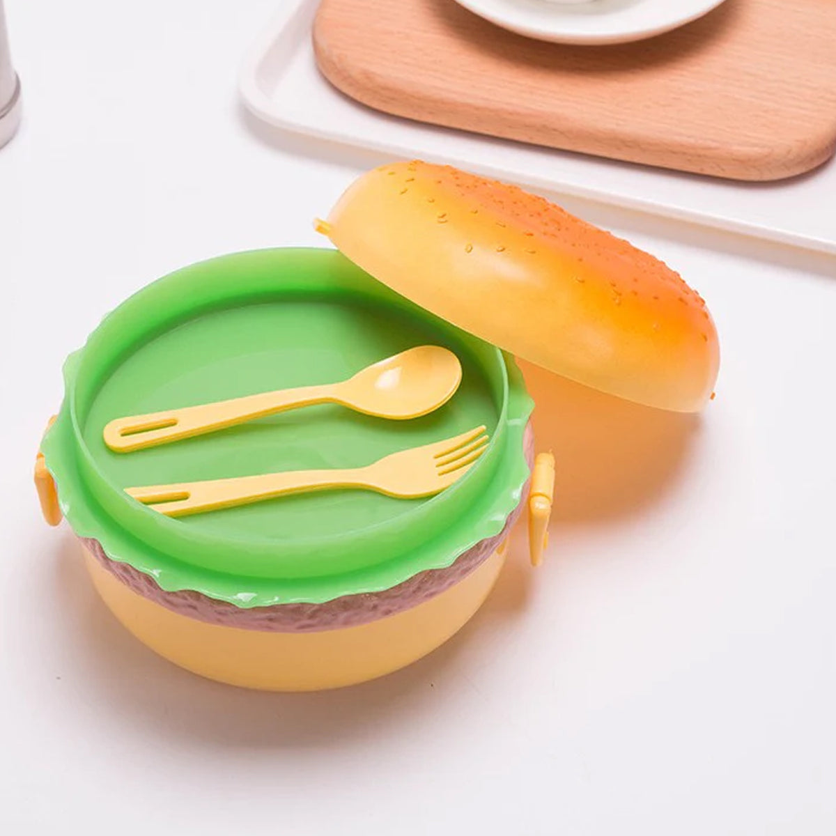 Burger Shape Lunch Box with Double Layer Lunchbox 1000ml With 2 Spoon Applicable To Kids And Elementary School Students