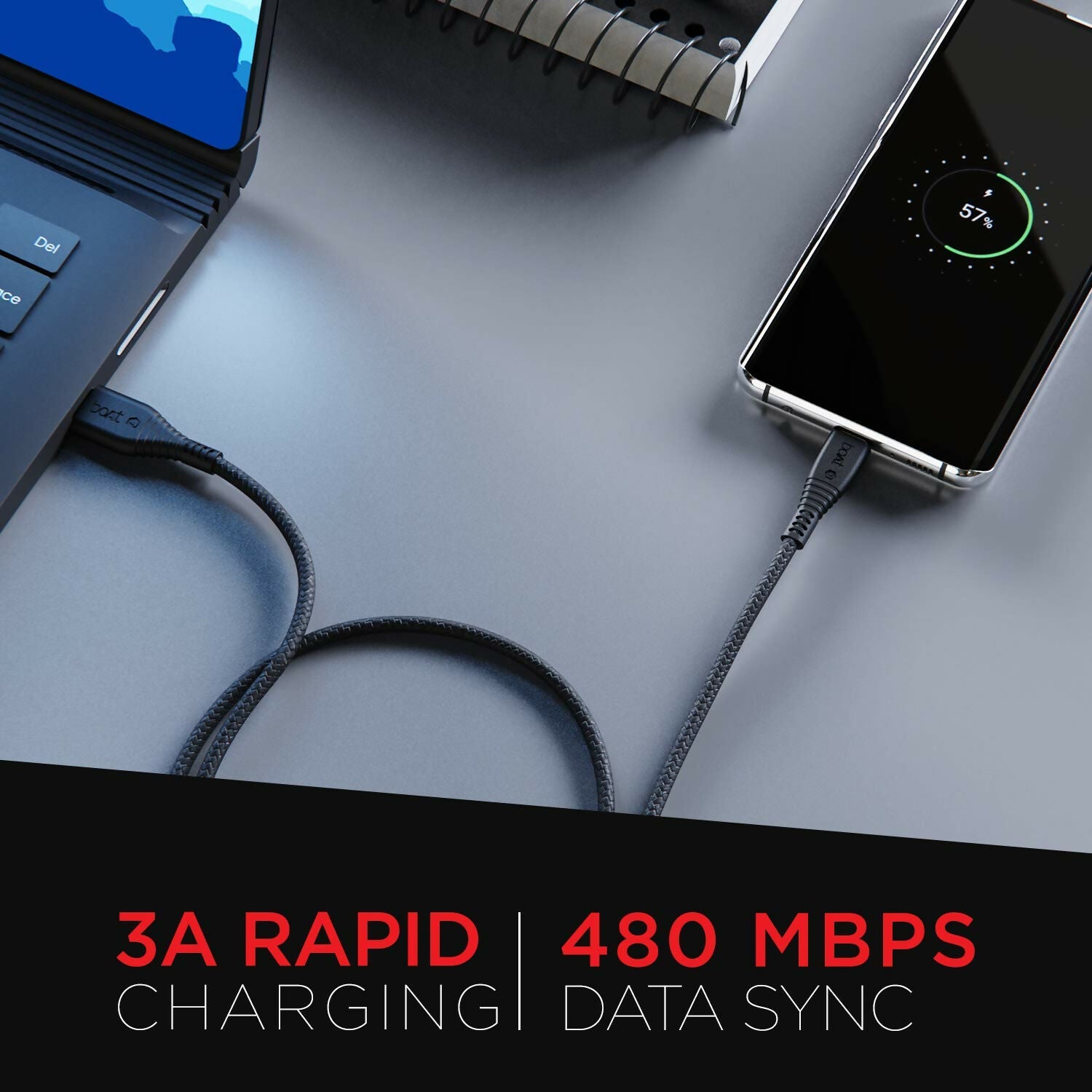 boAt Type C A320 Tangle-Free, Sturdy Type C Cable, Compatible With Smartphones & Tablets 1.5Meter (Black)
