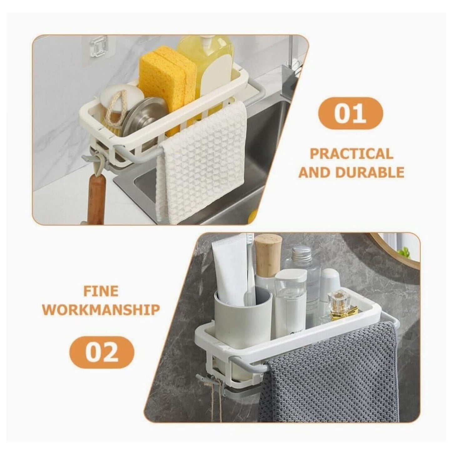 Kitchen & Bathroom Multipurpose Hanging Drain Rack Plastic Sponge & Dishcloth Holder with Adhesive Hook