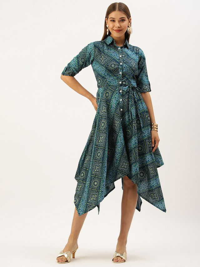 Bollywood Vogue Ready To Wear Blue Chanderi Art Silk Handkerchief Style Dress