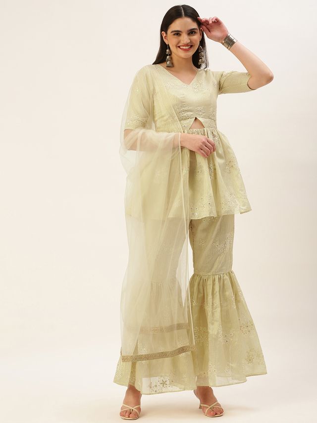 Bollywood Vogue Ready To Wear Beige Art Silk Embroidered Gharara Set