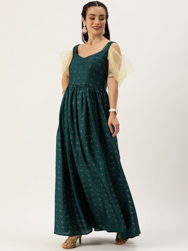 Bollywood Vogue Ready To Wear Teal Green Art Silk Foil Printed Gown