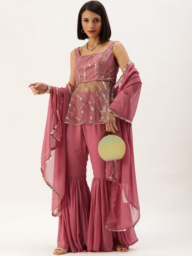 Bollywood Vogue Ready To Wear Mauve Embroidered Square Neck Gharara Suit
