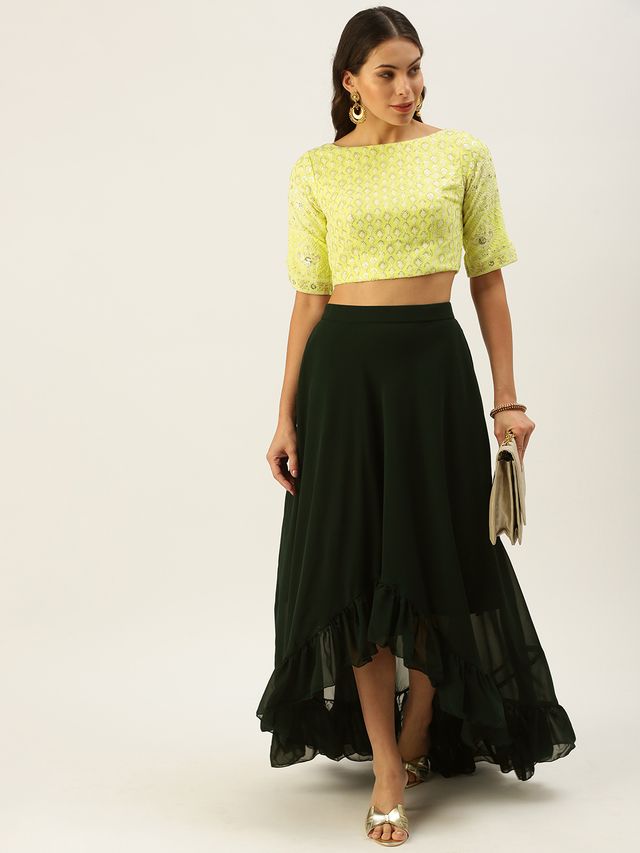 Bollywood Vogue Ready To Wear Lemon Yellow Embroidered Crop Top N Skirt
