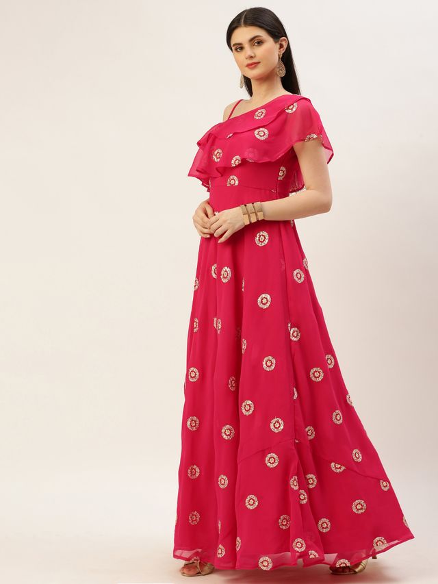 Bollywood Vogue Ready To Wear Dark Pink Georgette Embroidered Gown