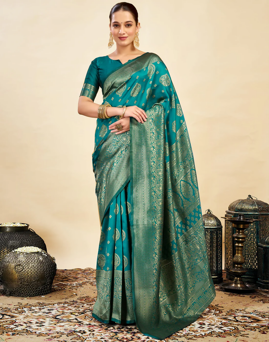AXONIT Royal Jacquard Saree with Golden Zari Butta & Brocade Border