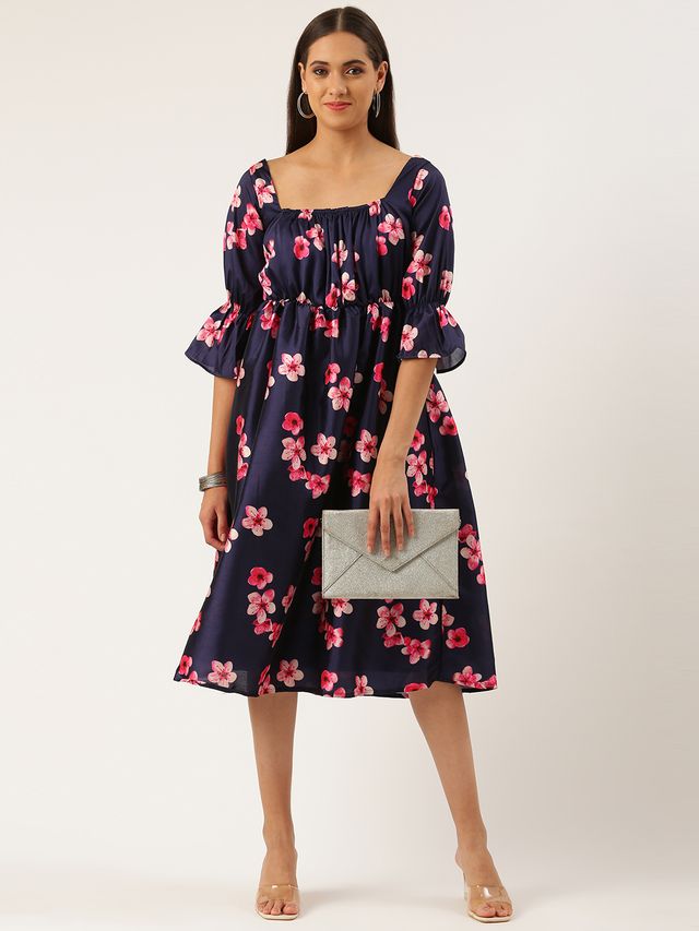 Bollywood Vogue Ready To Wear Blue Printed Art Silk Dress