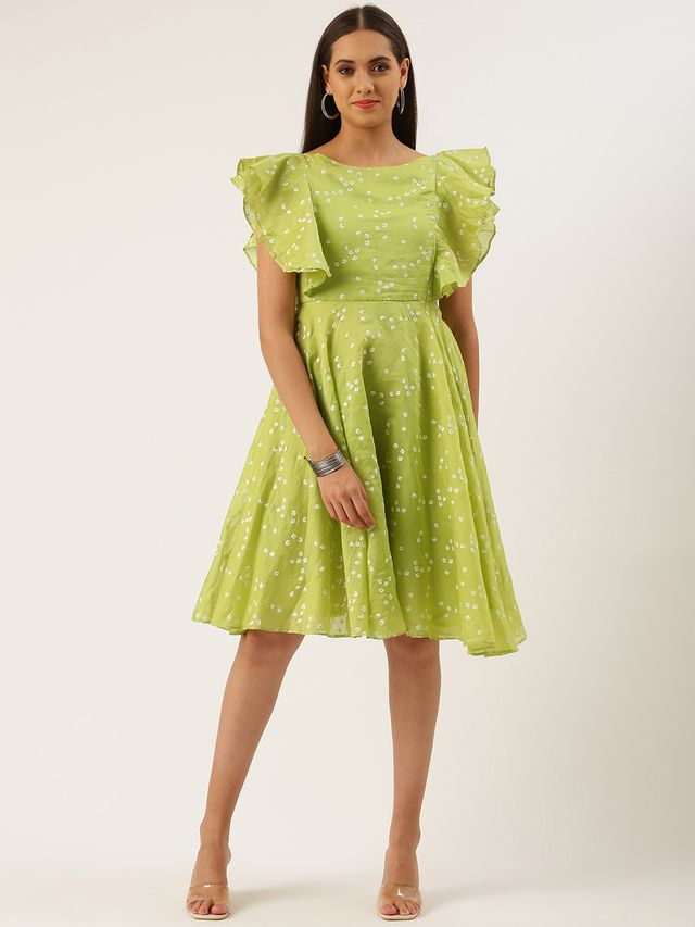 Bollywood Vogue Ready To Wear Green Blended Cotton Foil Printed Ruffled Dress