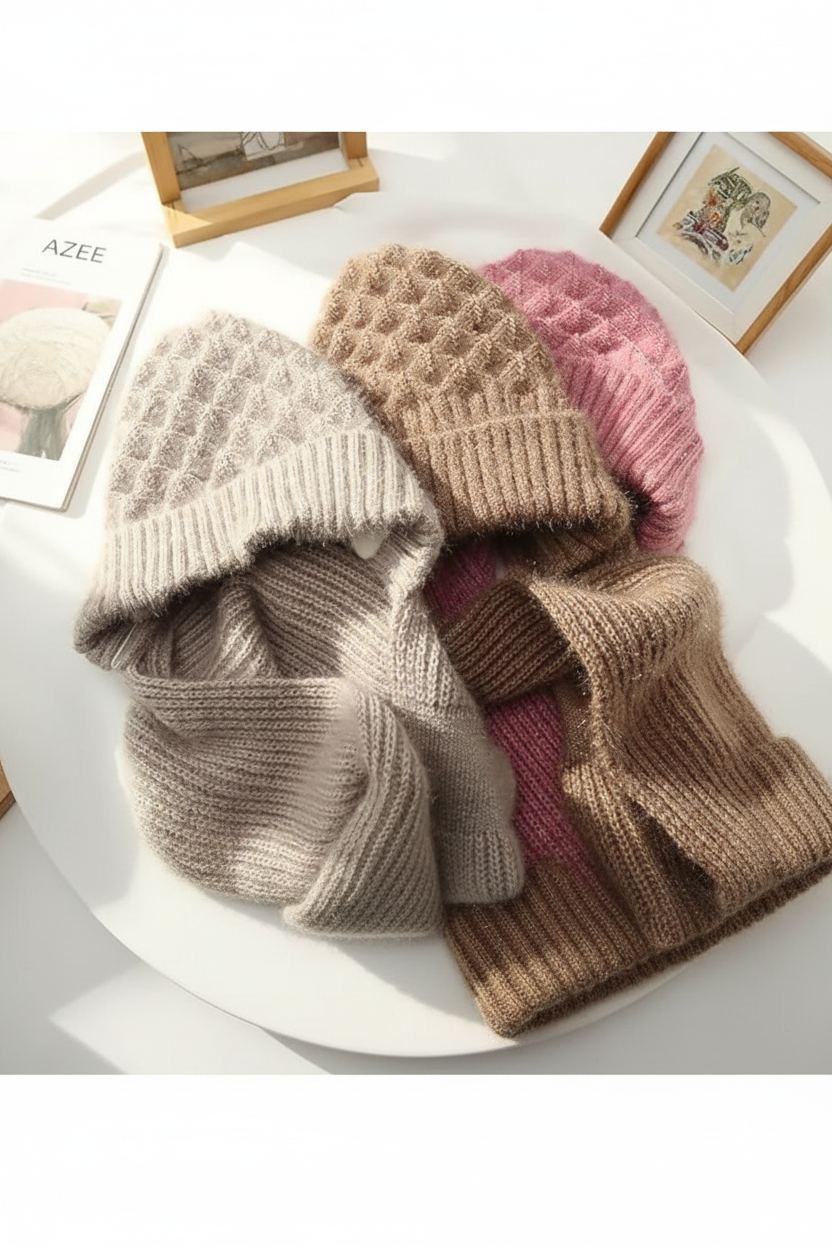 2-in-1 Woolen Winter Cap with Attached Muffler for Women & Girls Stylish Knitted Beanie Scarf Combo Multicolour Deals Zone