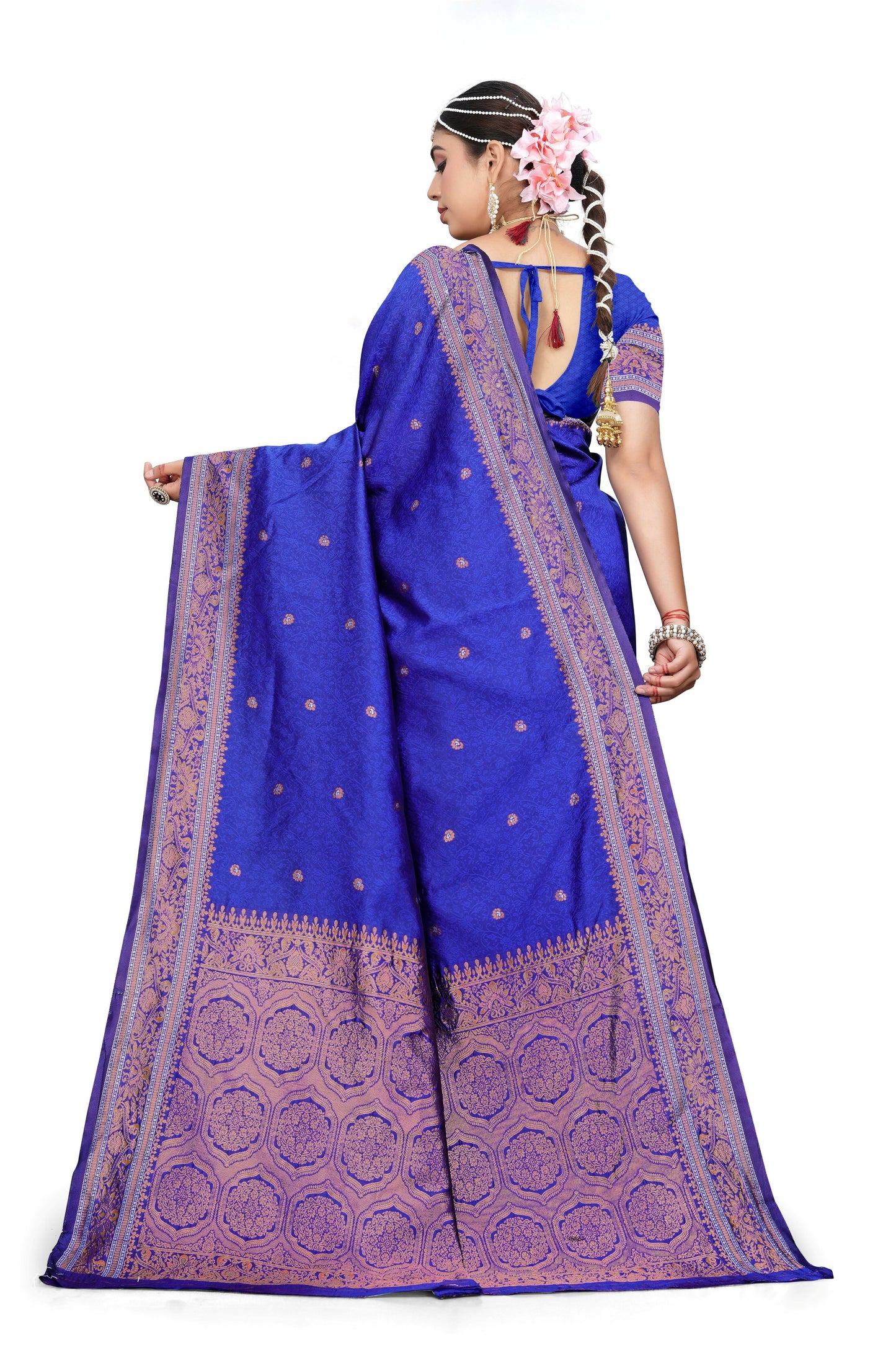 AXONIT Sapphire Majesty Premium Jacquard Silk Saree with Rose-Gold Zari Border